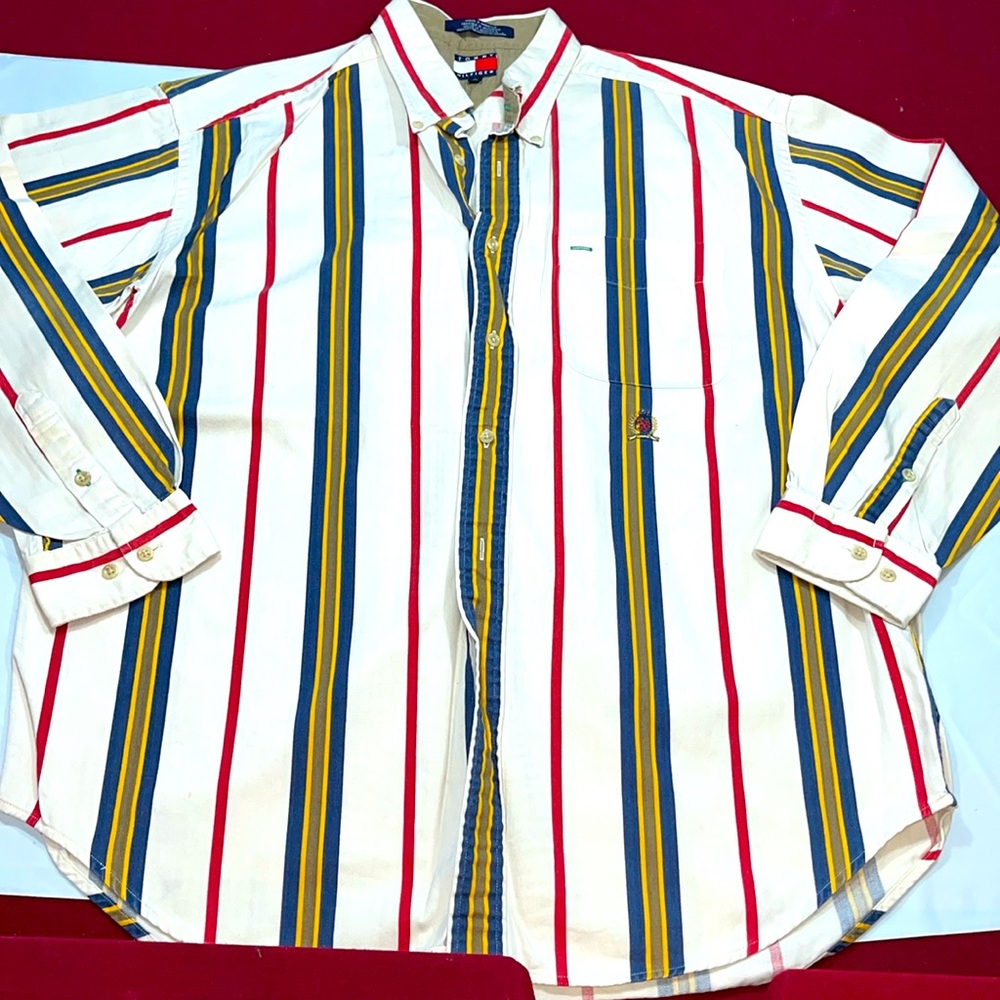 Tommy Hilfiger 90s vertical Stripe button Shirt red blue yellow men L preppy Y2K